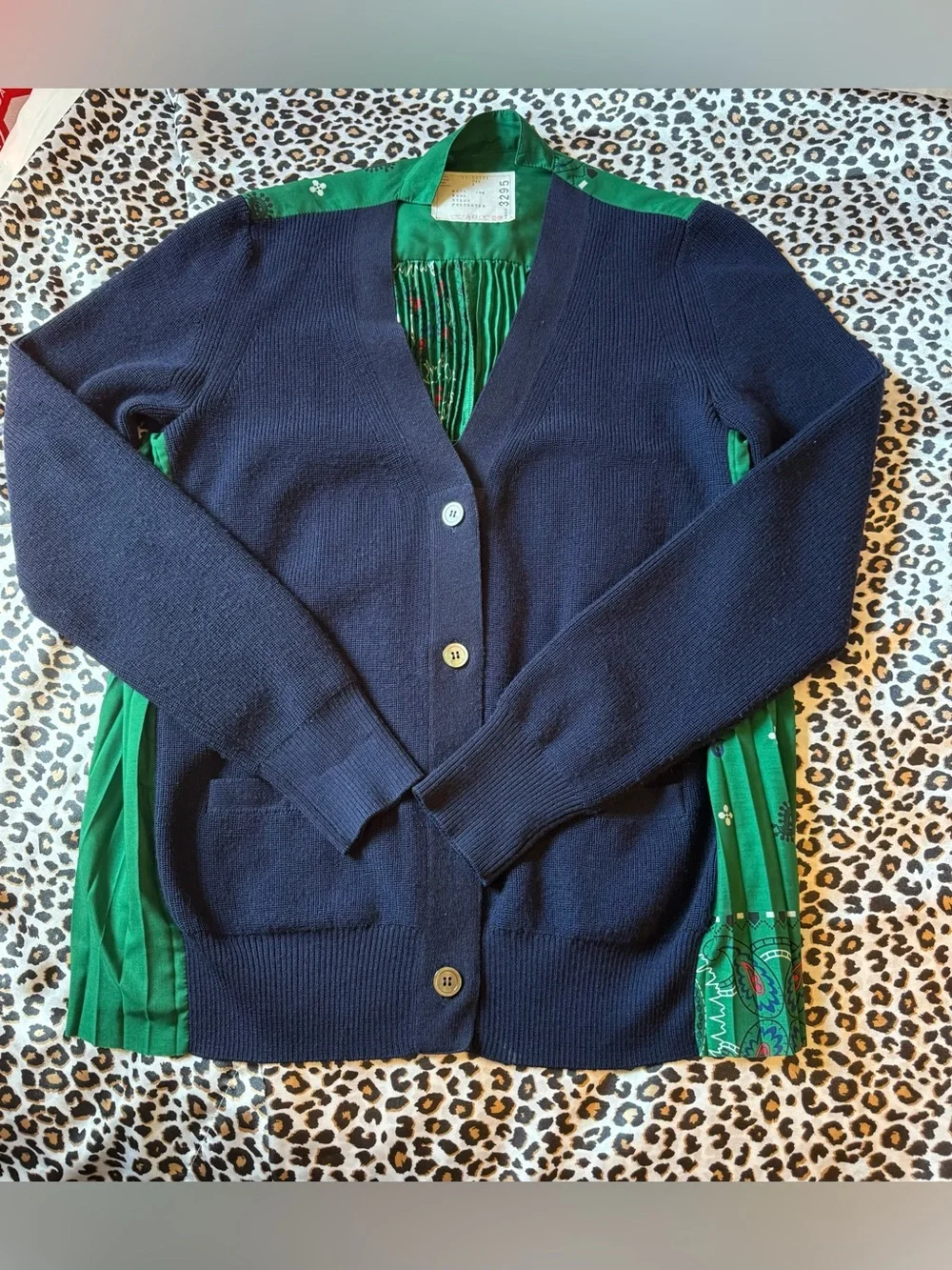 Sacai Navy Cardigan with Emerald Green Accents